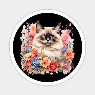 A birman cat decorated with beautiful watercolor flowers Magnet